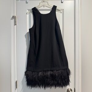 Trina Turk Black Like New Sleeveless Midi Cocktail Shift Dress with Feathers
